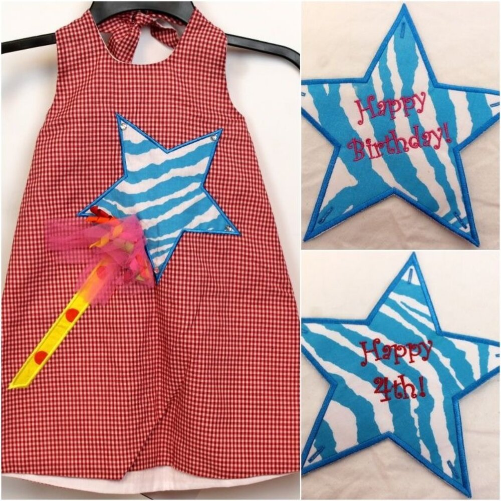 Potato Saks Red Gingham Halter Dress sz 4 Star Wand Ribbon Tulle Birthday July 4